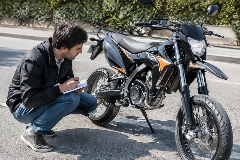 Une moto malaguti 50 type supermotard stationnée sur le bitume en ville.