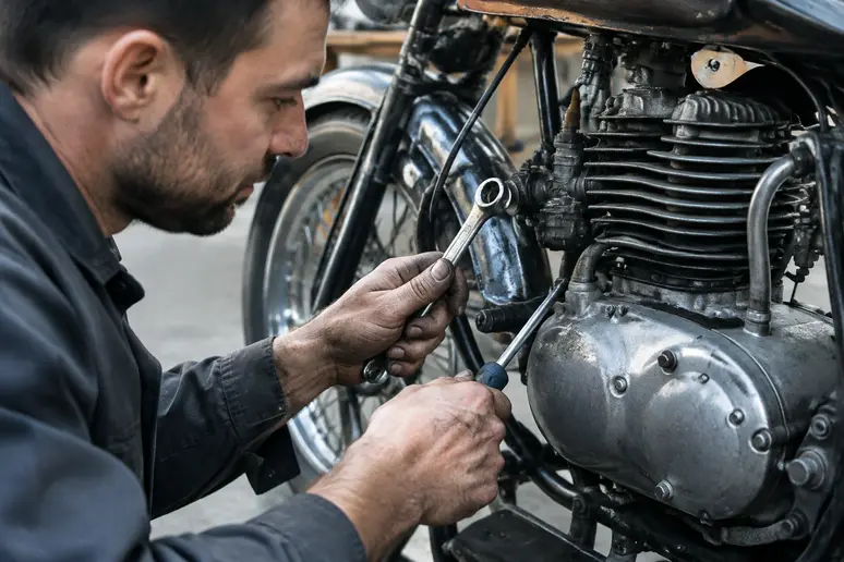 Un mécanicien vérifiant le bloc moteur d'une ancienne malaguti 50 de collection.
