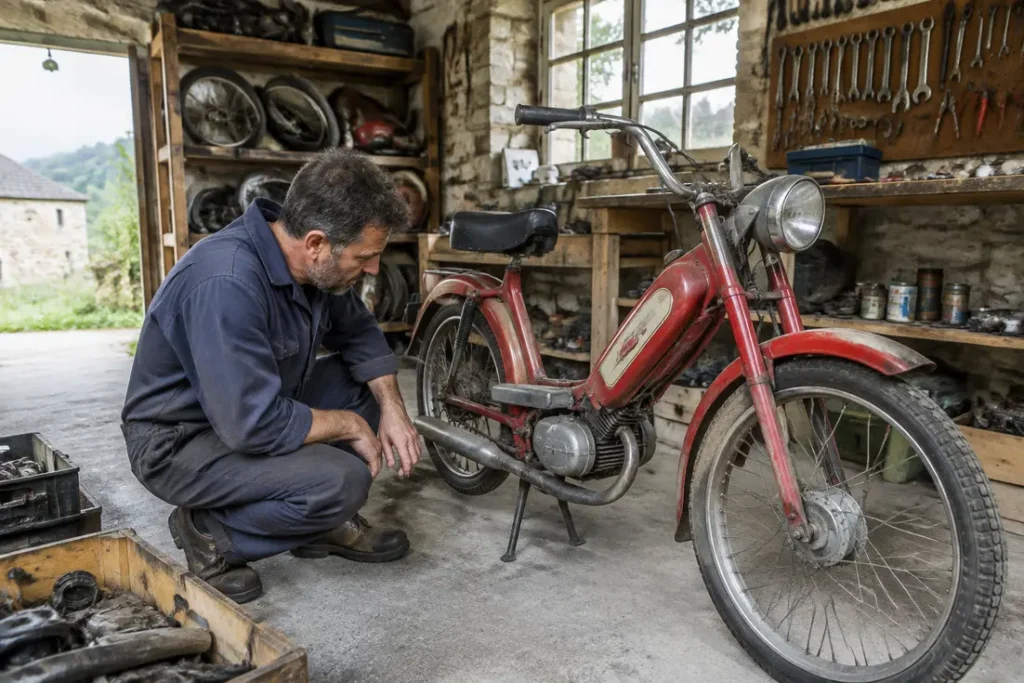 un mecanicien inspectant une ancienne malaguti 50 dans un atelier rustique avec des pieces detachees
