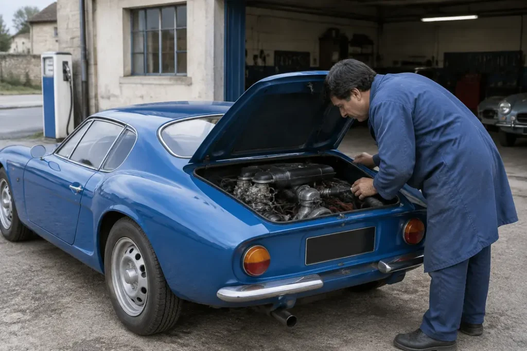 Un mécanicien inspecte le compartiment moteur d'une matra djet occasion classique garée devant un garage.