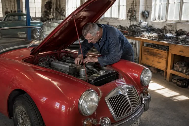 Un mécanicien examine le compartiment moteur d'un roadster rouge lors de l'évaluation des MG A versions les plus recherchées en atelier.