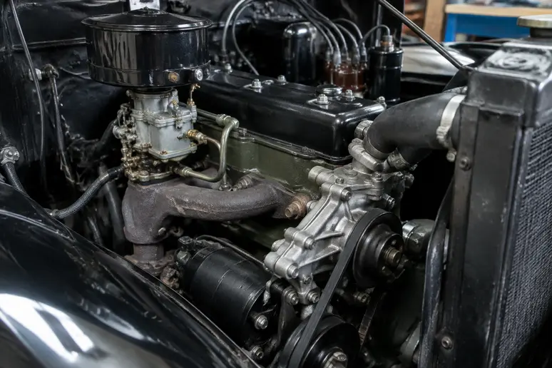 Pièces moteur de Citroën Traction Avant en cours de révision dans un atelier mécanique
