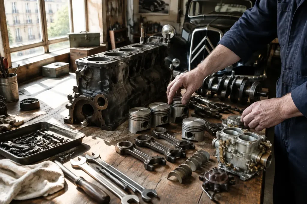 Un mecanicien classe des pieces traction anciennes sur un etablis d atelier ensoleille