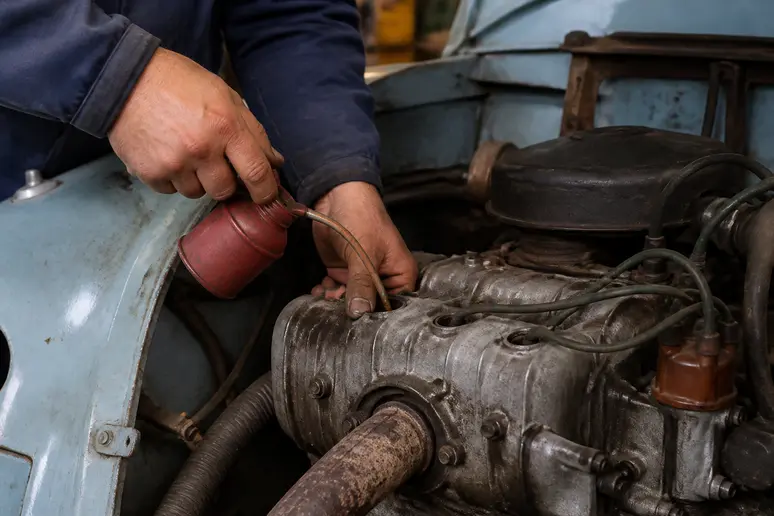 Mains d'un mécanicien versant du dégrippant dans les cylindres d'un moteur de 2CV ancienne
