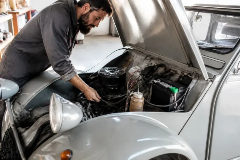 Un mécanicien effectuant la remise en route 2CV dans un atelier lumineux