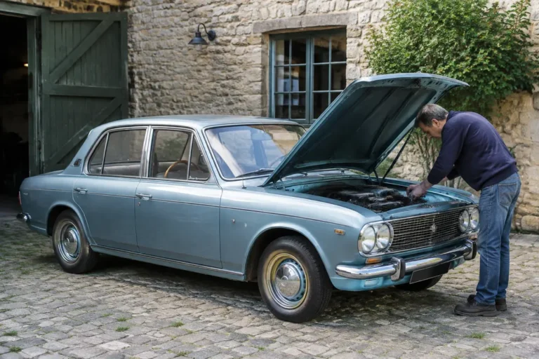 Un mécanicien examine une talbot solara ancienne garée devant un atelier traditionnel.