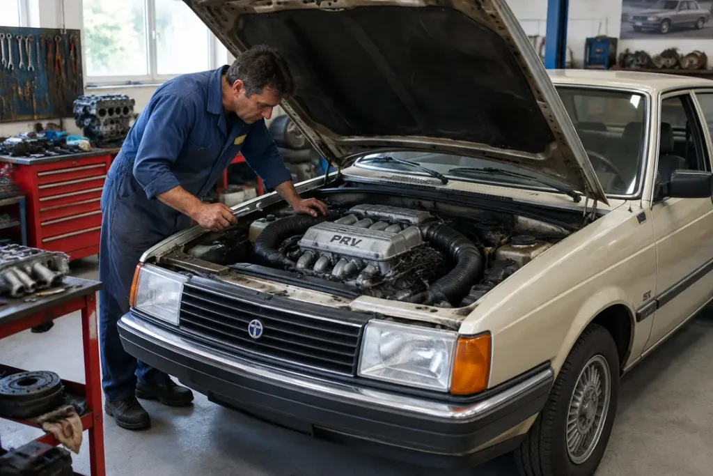 un mecanicien inspecte le moteur v6 d une berline talbot tagora dans un garage
