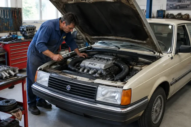 un mecanicien inspecte le moteur v6 d une berline talbot tagora dans un garage