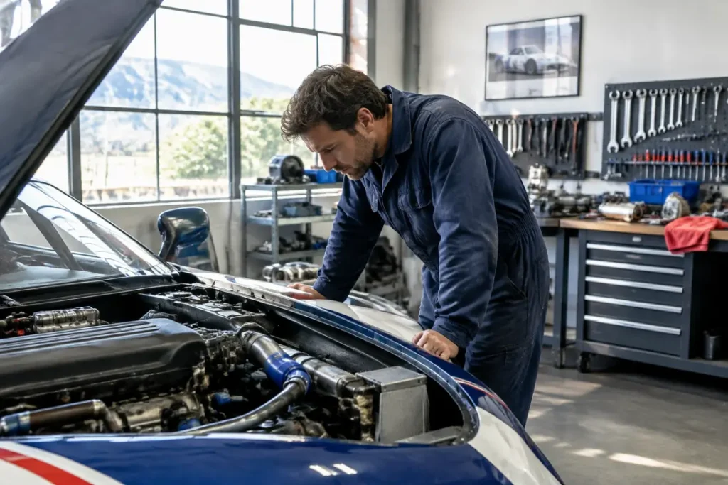 Un mécanicien inspecte le moteur d'une voiture de course ancienne dans un atelier spécialisé.