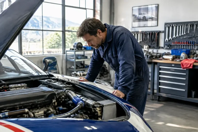 Un mécanicien inspecte le moteur d'une voiture de course ancienne dans un atelier spécialisé.
